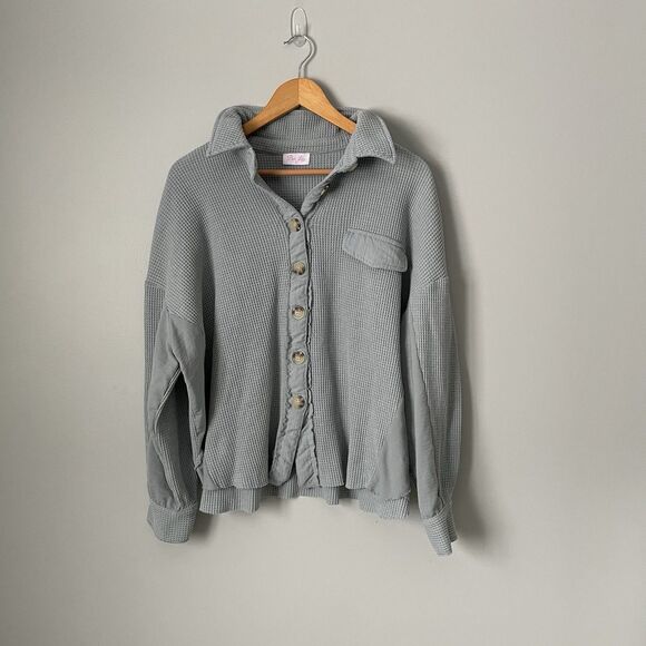 Pink Lily Tops - Pink Lily Women's Blue Cropped Waffle Button Up Top Relaxed Fit Women's Size XL